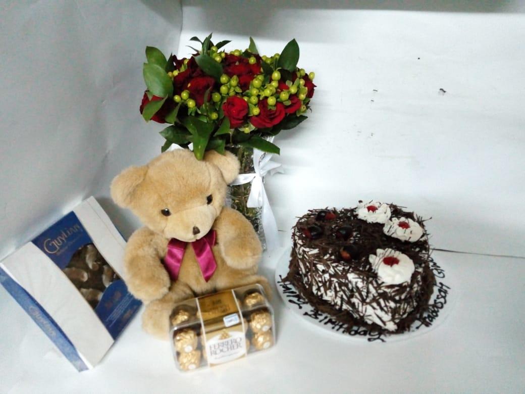 12 red roses vase teddy bear ferrero box of chocolates and 2 kg heart shaped cake product710